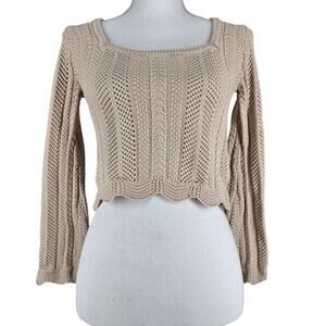 PINK ROSE WOMEN'S CROPPED KNIT SWEATER SIZE SMALL BEIGE TEXTURED CABLE OPENWORK